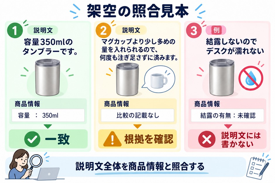 架空の説明文を商品情報と照合し、容量の一致、根拠がない比較、未確認の結露表現を区別する見本です。