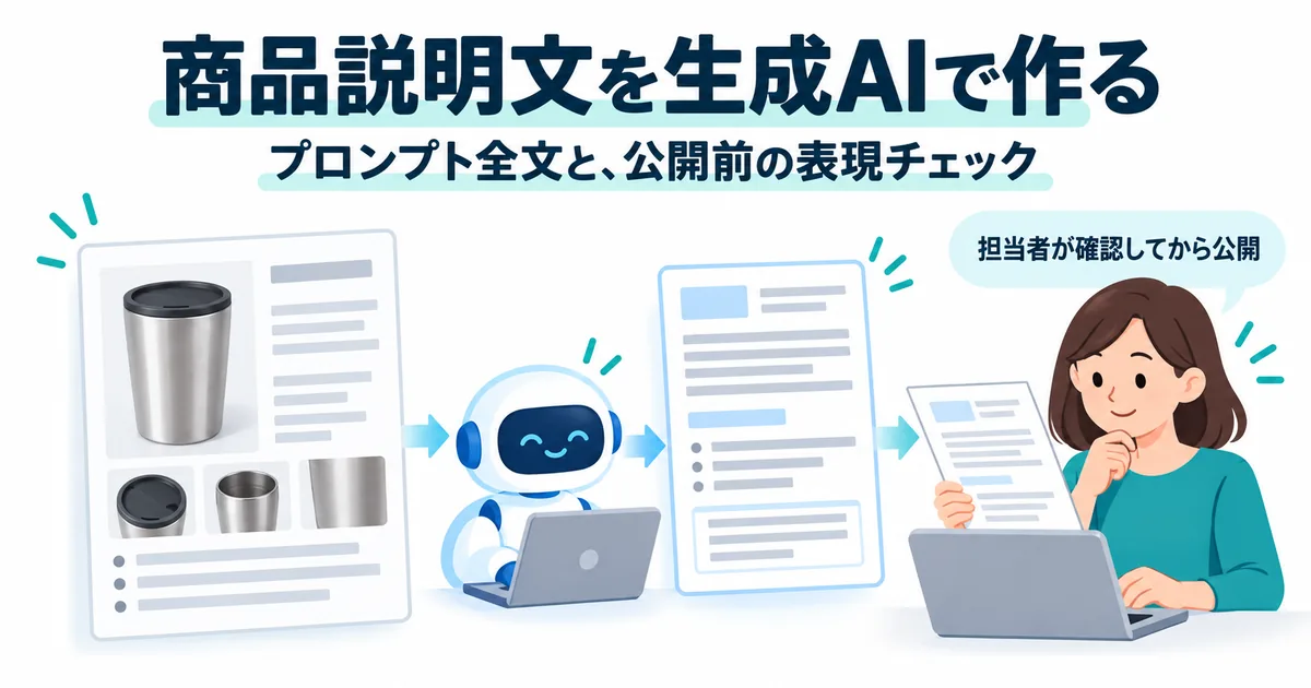 商品情報シートから生成AIで説明文の下書きを作り、公開前に担当者が表現を確認する流れ