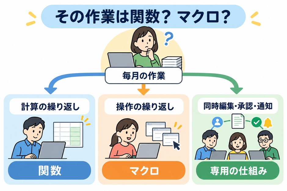 毎月の作業を、計算は関数、操作はマクロ、同時編集・承認・通知が必要なら専用の仕組みに分ける判断を示しています。