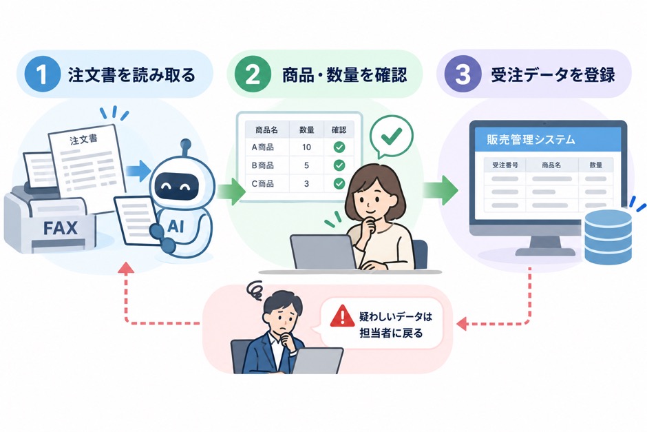 注文書の読み取り、商品と数量の確認、受注データの登録をつなぐ流れ