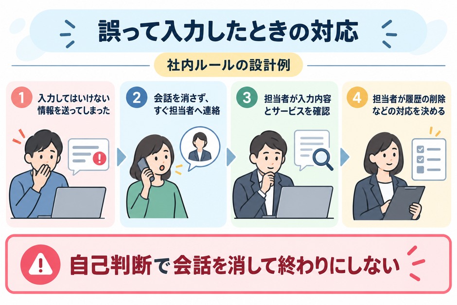 入力禁止の情報を誤って送ったとき、会話を消さず担当者へ連絡し、入力内容とサービスを確認して対応を決める流れ