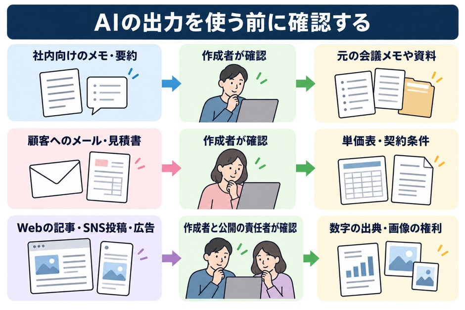 社内向けの要約、顧客メール・見積書、Web記事・広告の用途ごとに、確認する人と照らし合わせる元資料を示す設計例です。