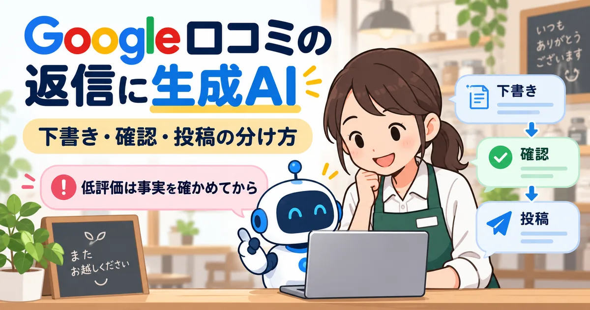 Google口コミの返信を生成AIが下書きし、店舗の担当者が内容を確認してから投稿する流れを示しています。