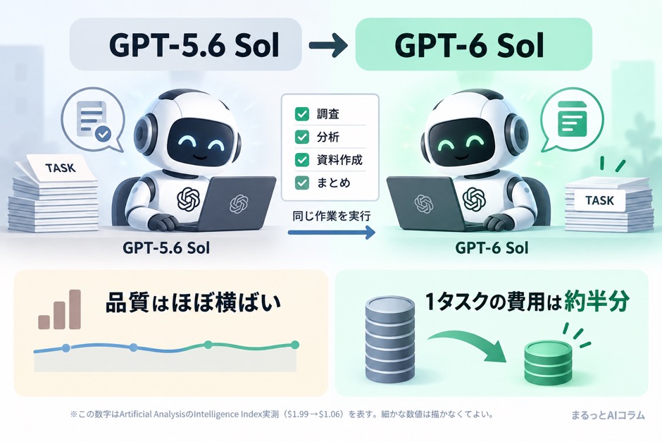 Artificial Analysisの評価で、GPT-6 SolとGPT-5.6 Solの総合スコアが近く、評価1件のトークン費用が下がった概念図
