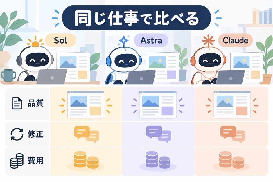同じ仕事をSol、Astra、Claudeへ渡し、品質、修正回数、費用の同じ項目で比べる図