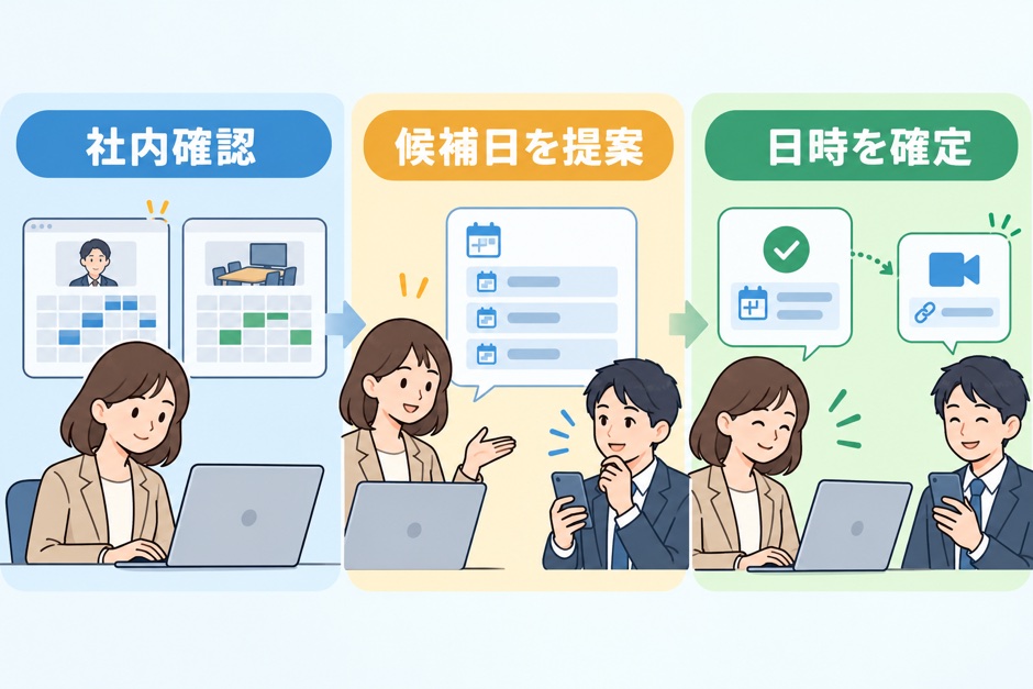 面接官の予定を確認し、候補日を提案して、返信後に日時を確定する流れ