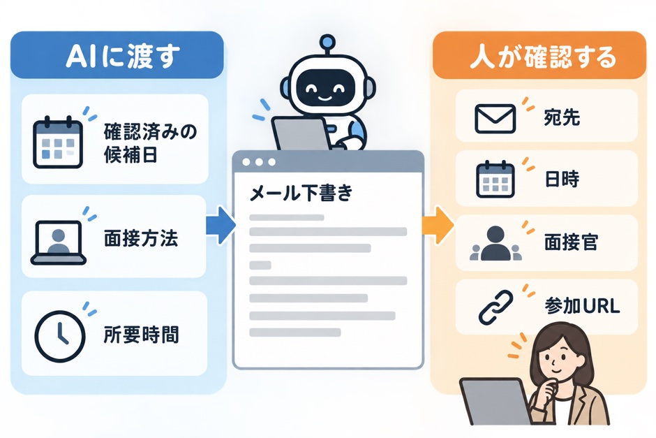 確認済みの情報でAIがメールを下書きし、人が宛先と日時を照合する役割分担