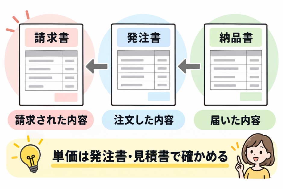 発注書は注文した内容、納品書は届いた内容、請求書は請求された内容を確かめる書類であることを示す図