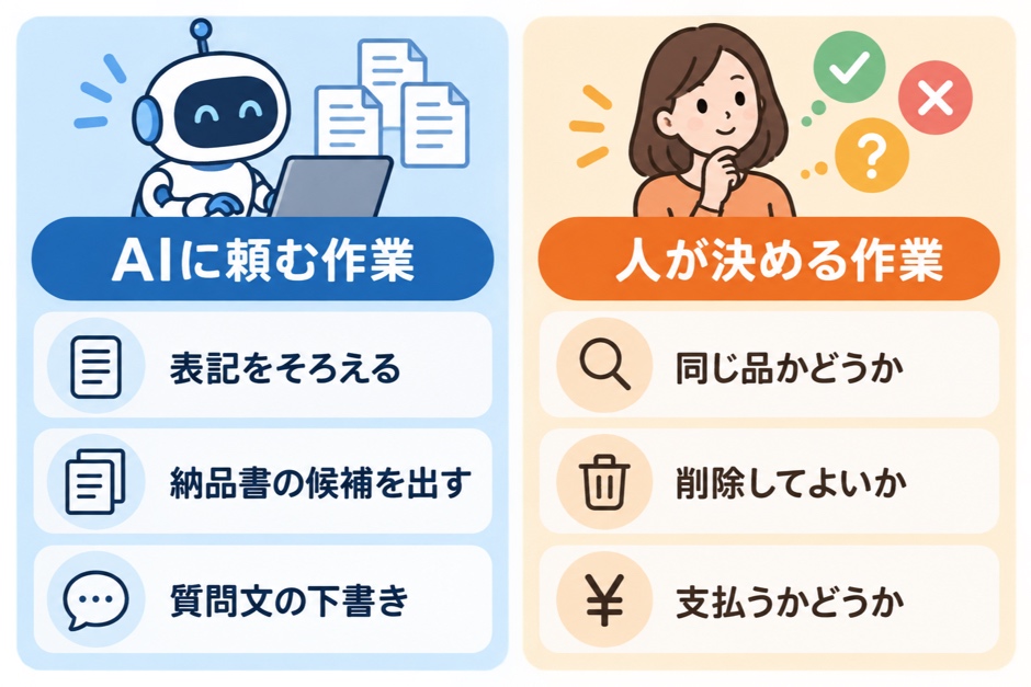 請求書の照合で、AIに頼む作業と人が決める作業を左右に分けて示した図