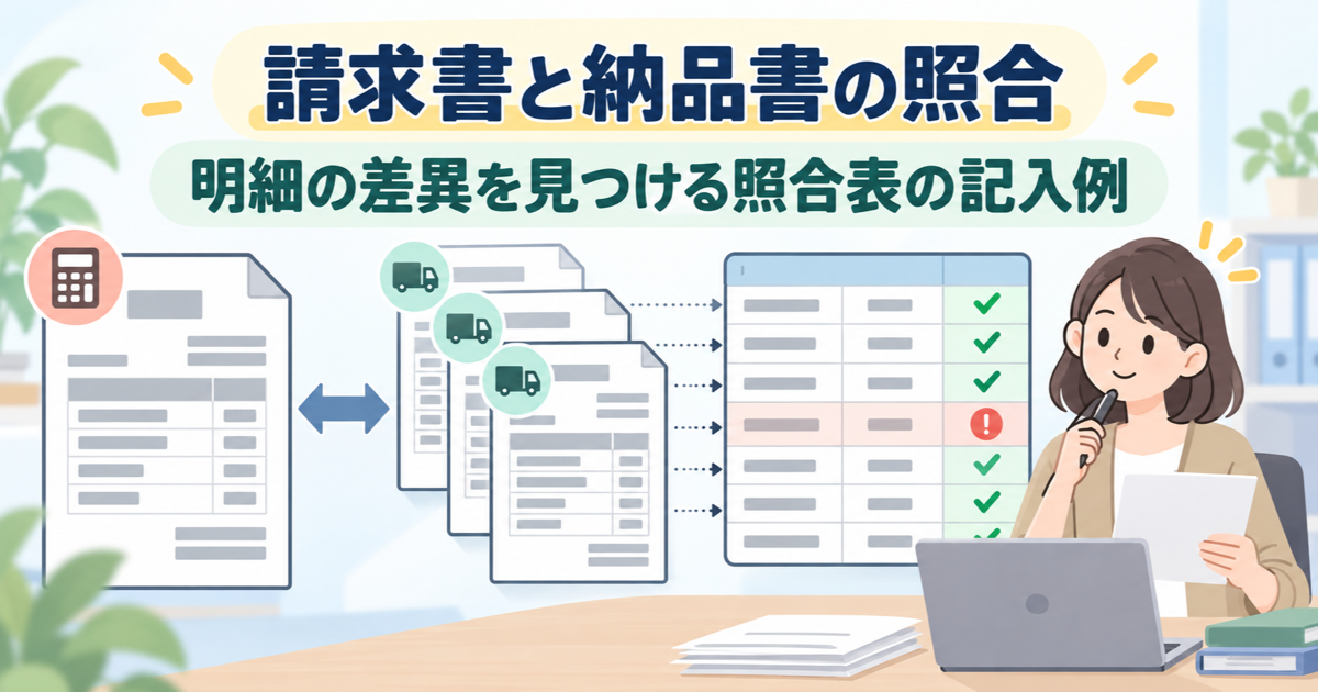 請求書と納品書の明細を1行ずつ照合し、差異を見つける照合表の記入例