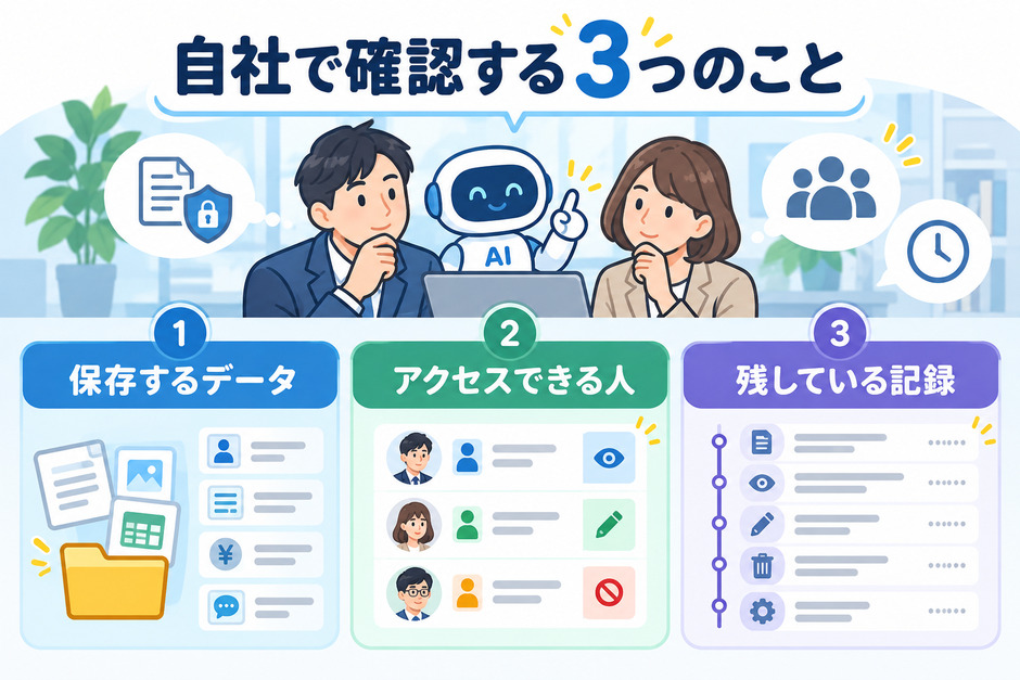 自社の情報管理で確認する保存データ、アクセスできる人、操作の記録の3つを示す