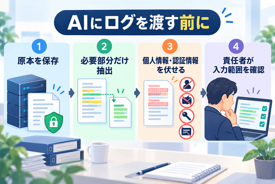 ログの原本を保存し、必要部分を抽出して個人情報などを伏せ、責任者がAIへの入力範囲を確認する流れ