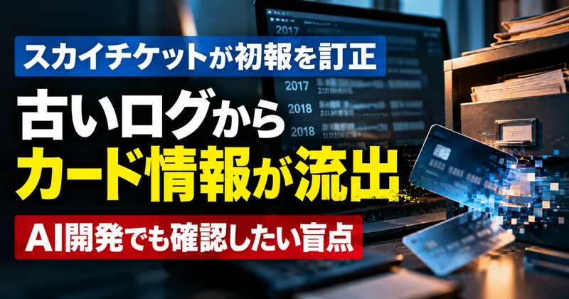 スカイチケットの初報訂正と古いログからのカード情報流出を伝えるサムネイル。古い記録とカードを表現したイメージで、実際の被害現場や流出データの写真ではありません。