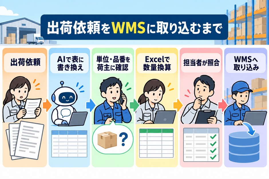 出荷依頼の不明な単位や品番は荷主へ確認し、Excelで数量を換算してから担当者が照合し、WMSへ取り込みます。