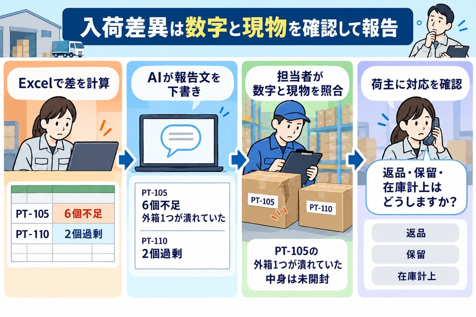 入荷差異をExcelで計算し、AIの報告文を担当者が数字や現物と照合してから、荷主へ対応を確認します。