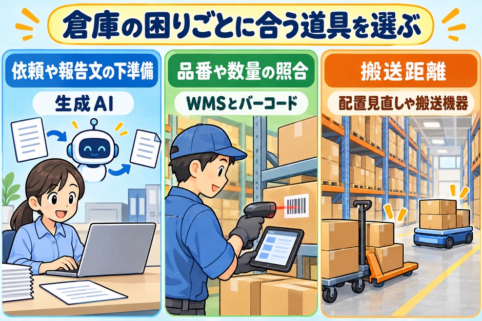 依頼や報告文の下準備は生成AI、品番や数量の照合はWMSとバーコード、搬送距離は配置見直しや搬送機器で考える対応です。