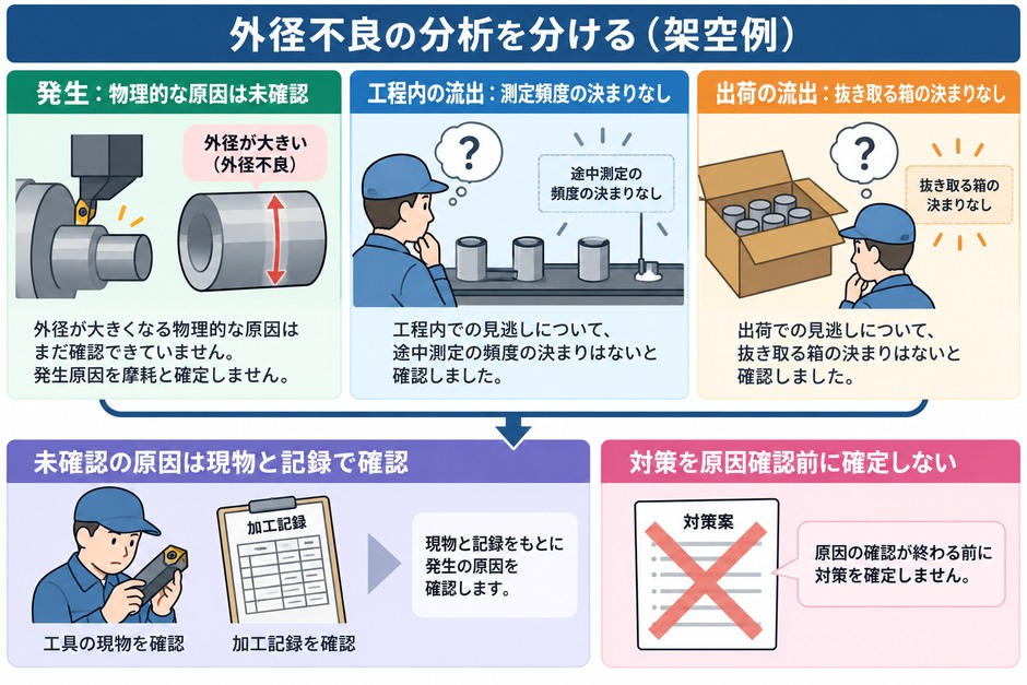 架空の外径不良を発生と工程内・出荷の流出に分け、物理的な発生原因は未確認として記録と現物を調べる分析