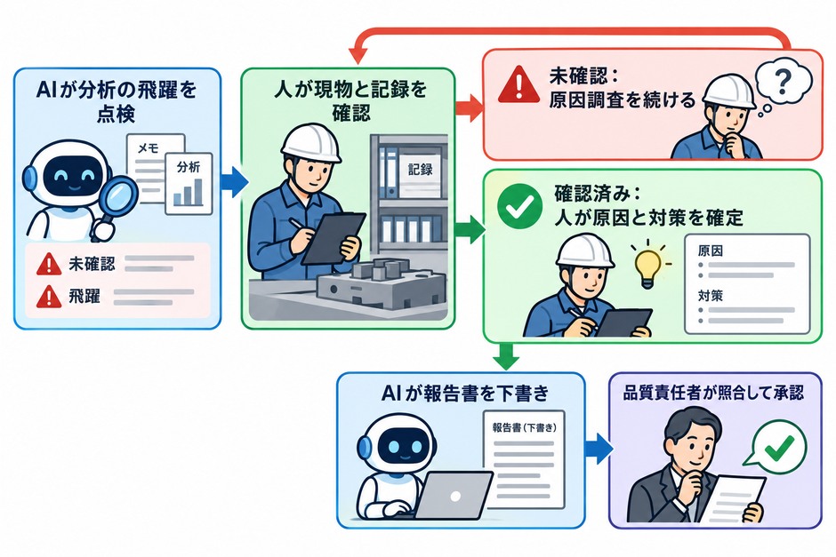 AIの点検後に人が現物と記録を確認し、未確認なら調査を続け、確認済みの原因と対策から報告書を下書きして品質責任者が承認する流れ
