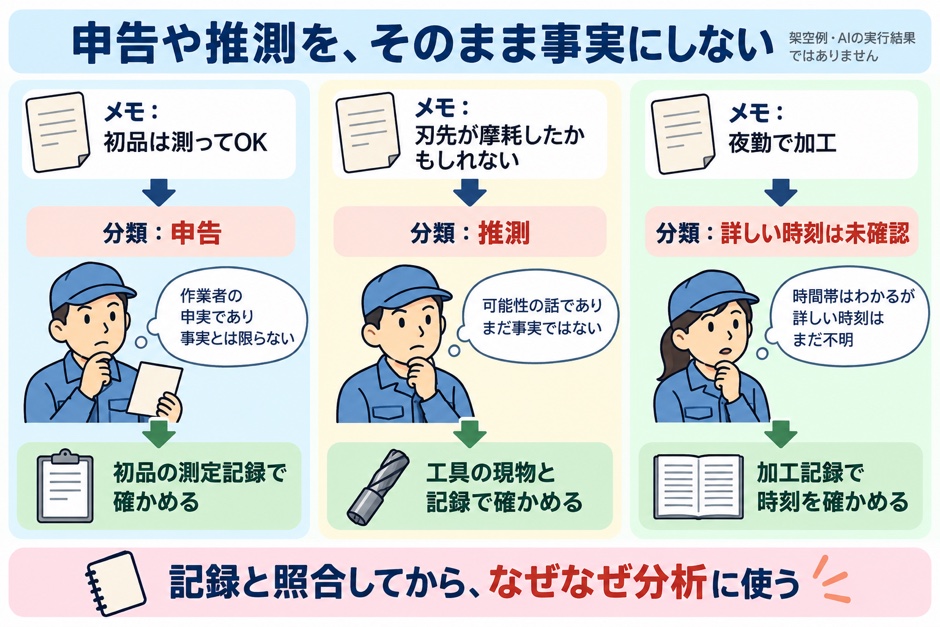 架空の不良メモにある初品測定の申告、刃先摩耗の推測、詳しい加工時刻の未確認を分け、確認先を示しています。