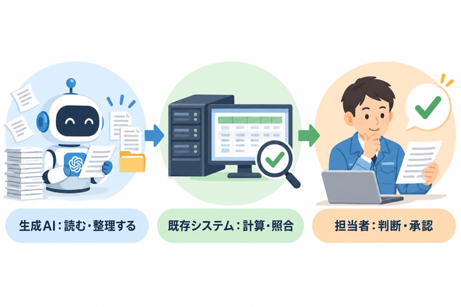文書整理を行う生成AI、計算と照合を行う既存システム、判断と承認を行う担当者の役割分担