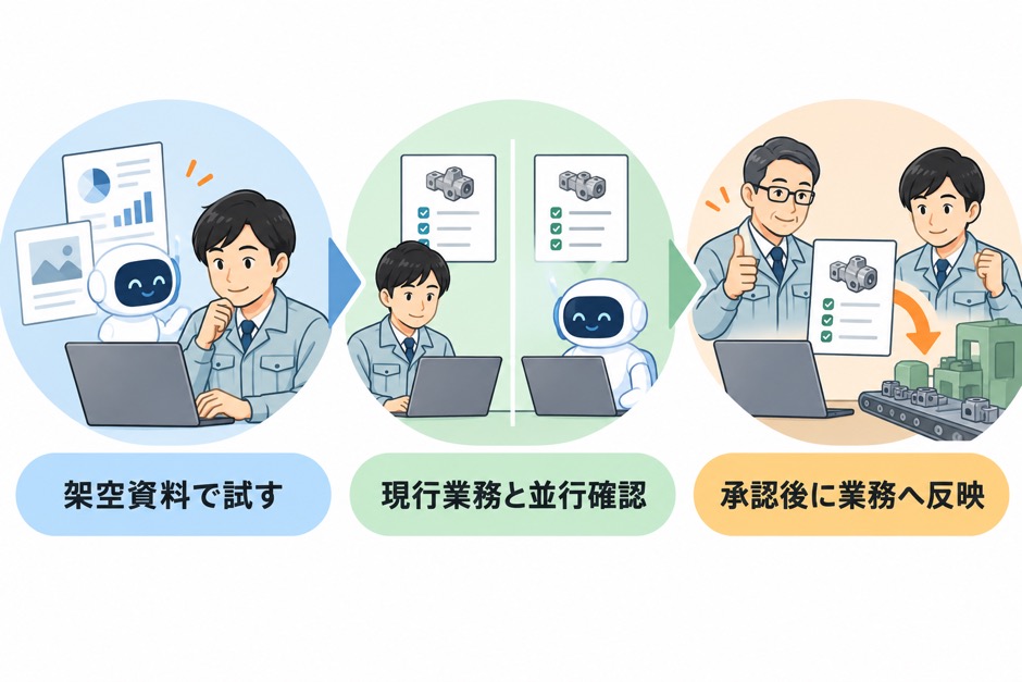 架空資料で試し、現行業務と並行確認した後、承認済みの結果を業務へ反映する導入手順