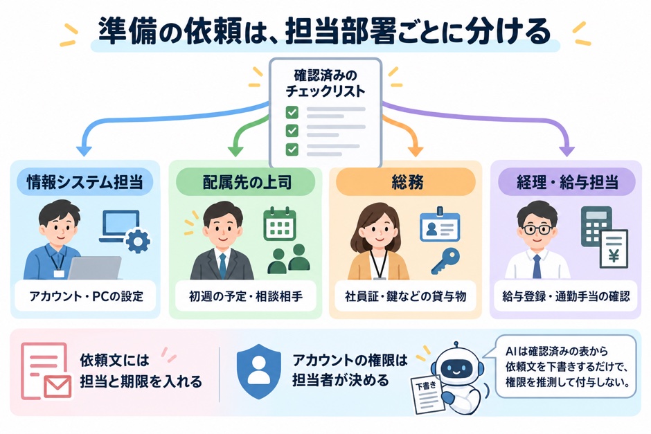 確認済みチェックリストから、情報システム・配属先・総務・給与担当へ準備依頼を分け、担当と期限を伝えます。