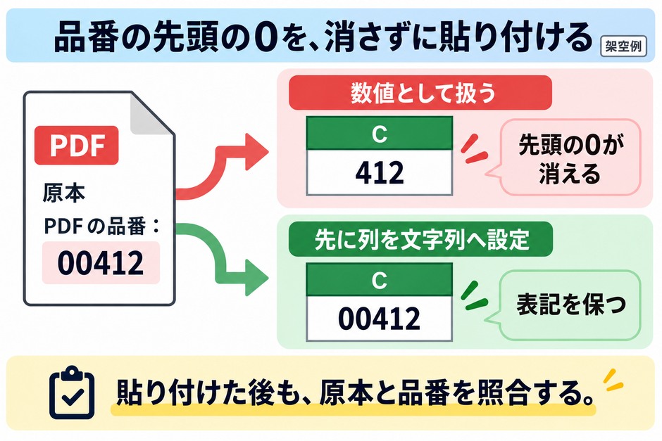 架空の品番00412がC列で数値扱いになり412に変わる例と、先に文字列へ設定して表記を保ち、貼り付け後に原本と照合する手順です。