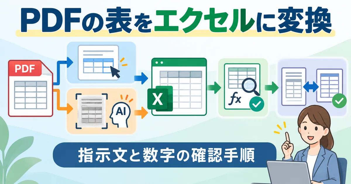PDFの価格表をExcelやAIで取り込み、式で異常を探して重要な列を原本と照合する流れ