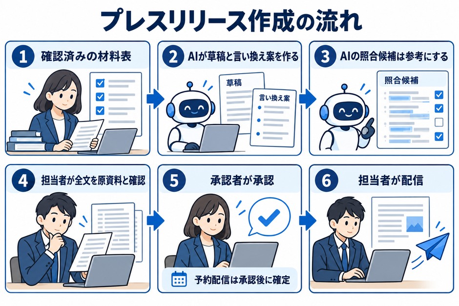 確認済みの材料表から草稿と案を作り、AIの照合候補を参考に担当者が全文を原資料と確認し、承認を受けて配信します。