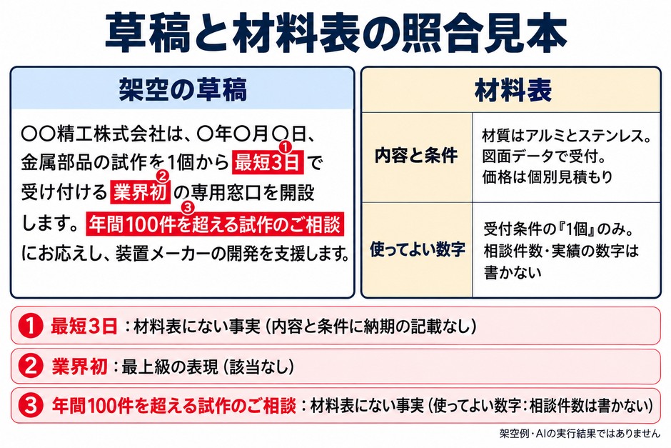 架空の草稿にある最短3日、業界初、年間100件という表現を、材料表の記載や根拠と照合する見本です。
