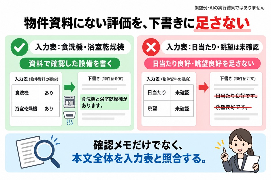 架空の物件入力表にある食洗機・浴室乾燥機と、未確認の日当たり・眺望を分け、評価語を本文に補わない例です。