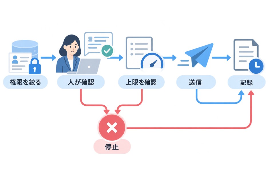 人の不承認と送信上限の両方から停止し、送信と停止の結果を記録する構成を示しています。
