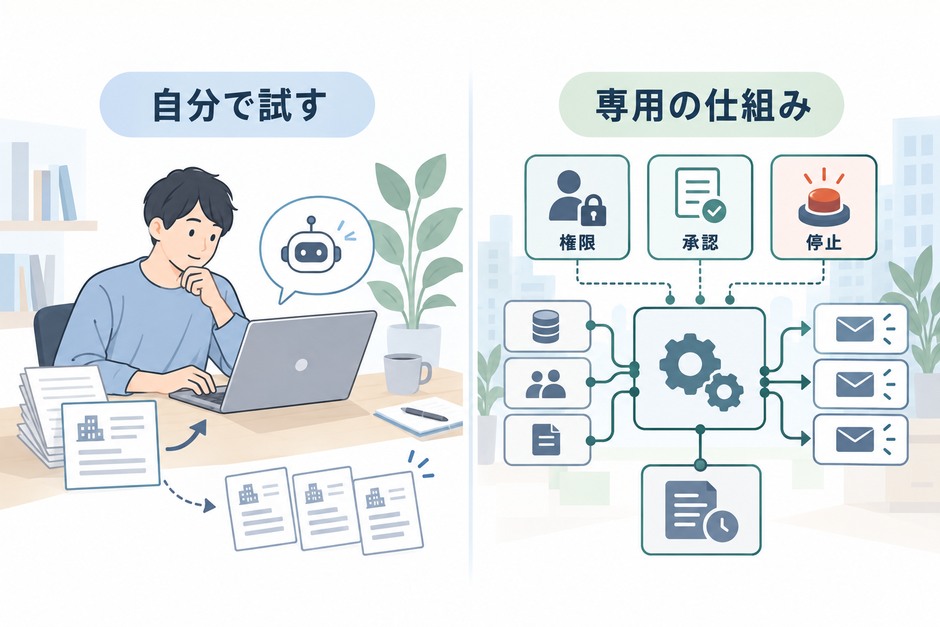 汎用のAIで個人情報を含まない試行をする方法と、権限・承認・停止を組み込んだ専用の仕組みを比べています。