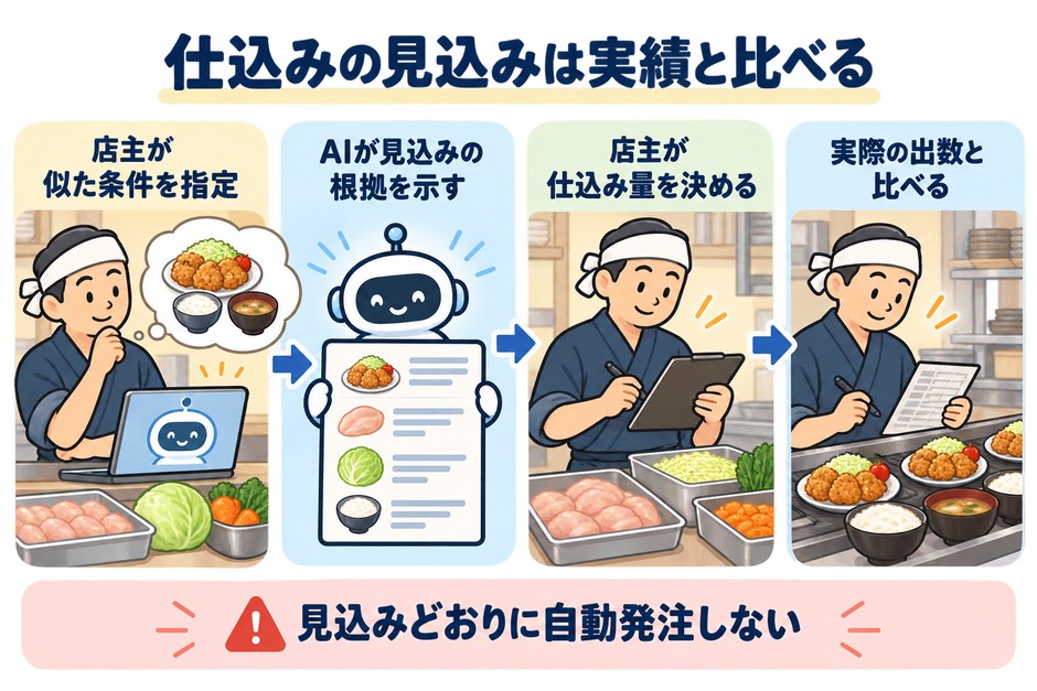和食の定食屋の厨房で、店主が似た条件を指定し、AIが見込みの考え方を示し、店主が仕込み量を決めて実際の出数と比べる流れ