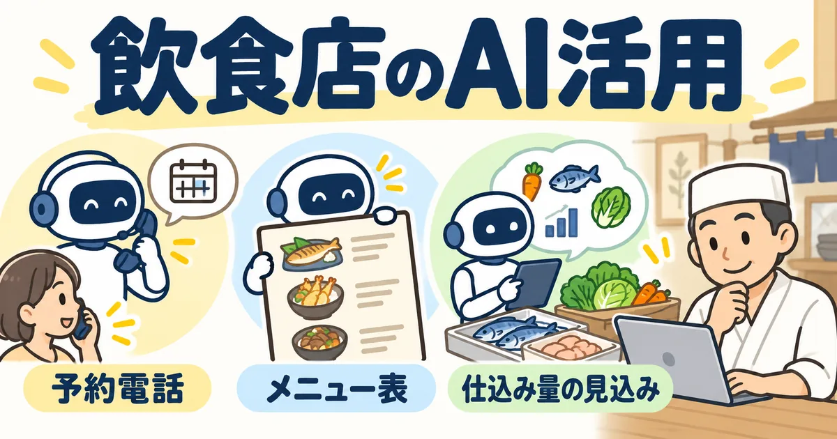 飲食店の予約電話、メニュー表、仕込み量の見込みにAIを使い、店の人が最後に確認する流れ