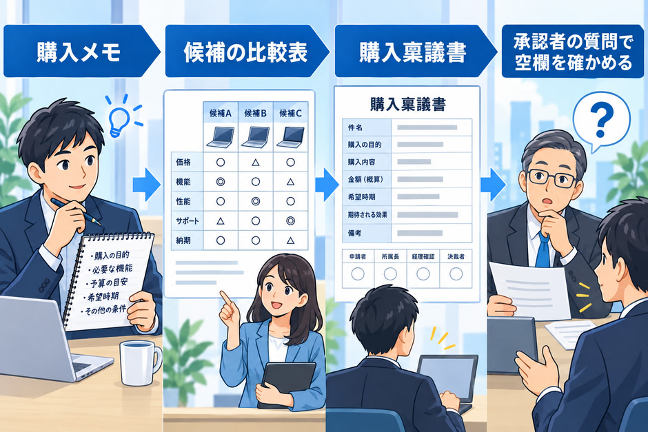 購入メモから比較表を作り、稟議書に清書し、承認者の質問で空欄を確かめる流れの図