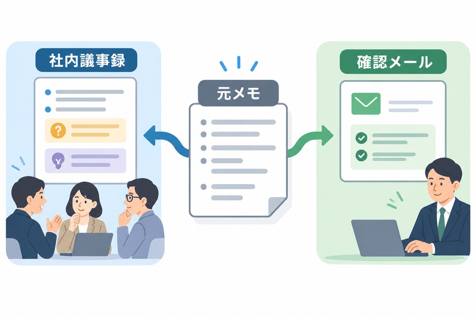 元メモから社内議事録と顧客向け確認メールを作り分ける図