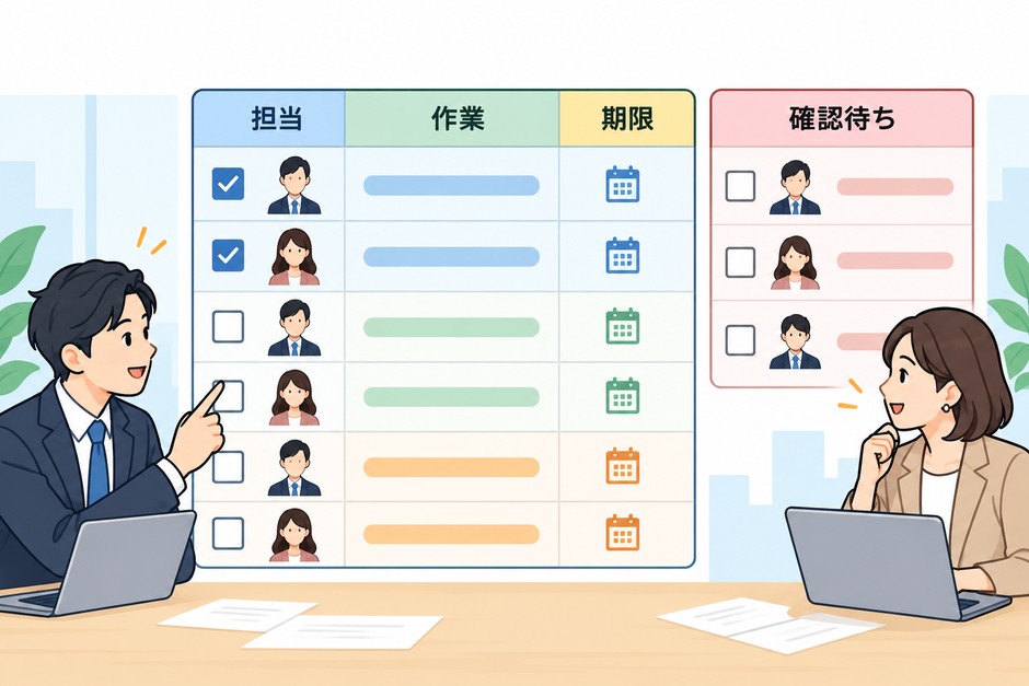 次の作業を担当、内容、期限に分け、未確認事項を別に置く図