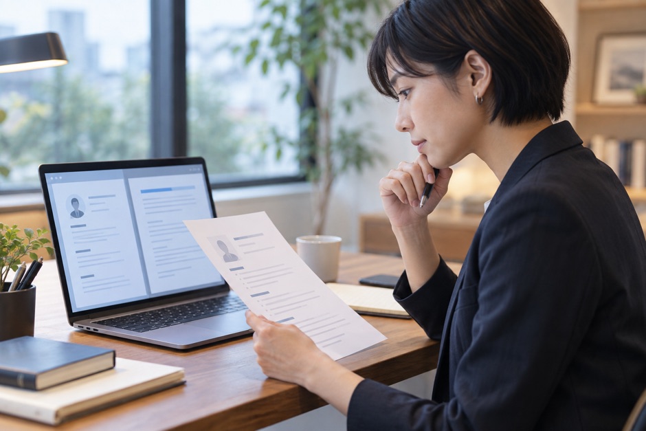 採用担当者が公開プロフィールと求人票を見比べるイメージ