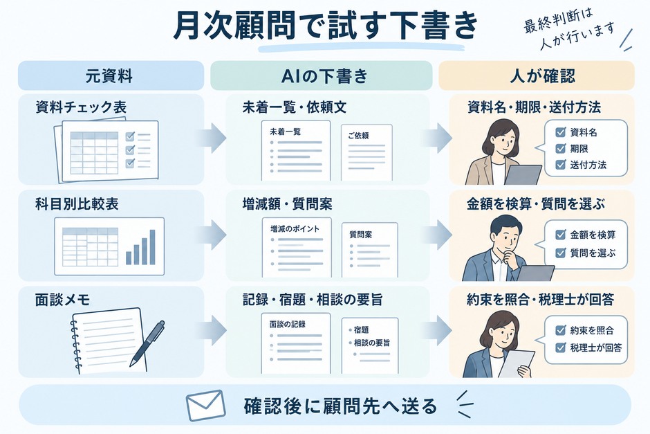 月次顧問の資料回収、増減の質問、面談整理について、元資料とAIの下書きと人の確認項目を対応させた図