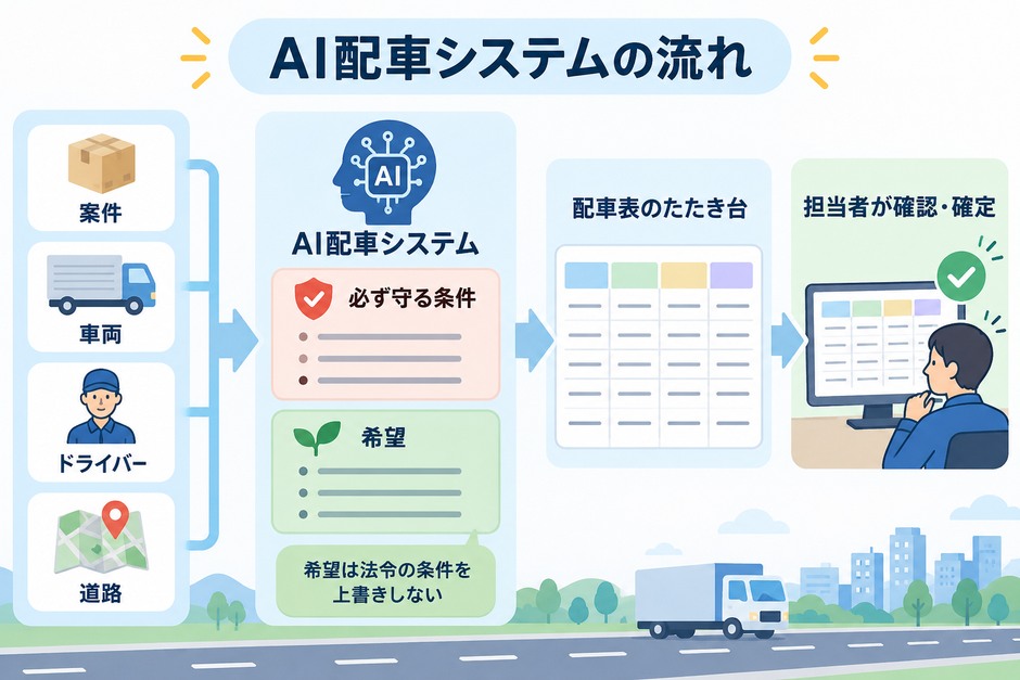 案件・車両・ドライバー・道路の情報がAI配車システムに入り、必ず守る条件と希望を分けて配車表のたたき台を担当者が確認する流れを示しています。