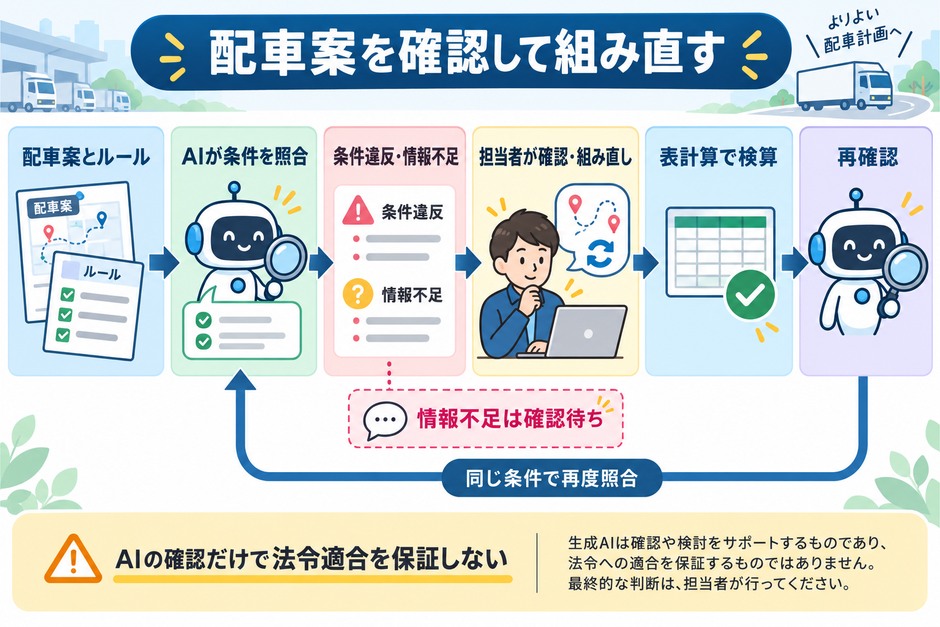 配車案を生成AIが条件ごとに確認し、拘束時間と情報不足を確認し、配車担当者が組み直して検算する流れを示しています。