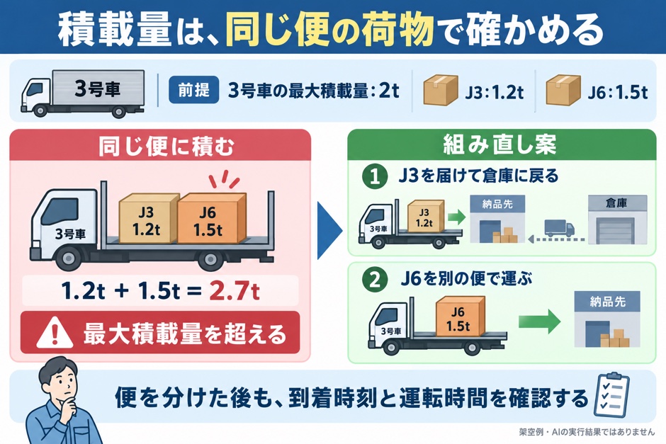架空の3号車の最大積載量2tに対し、1.2tと1.5tを同じ便に積むと2.7tになるため、別便に分けて時刻も再確認する例です。