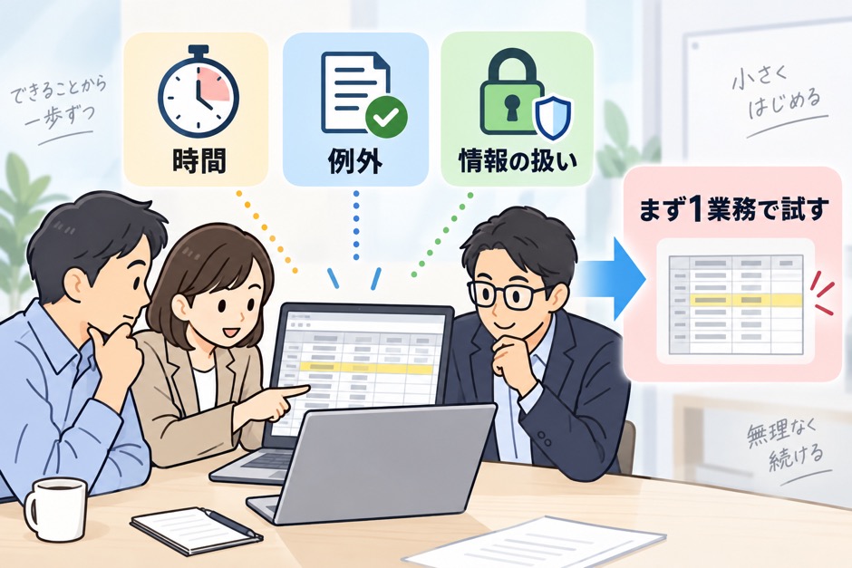 業務棚卸し表から時間・例外・情報の扱いを確認し一業務を選ぶ流れ