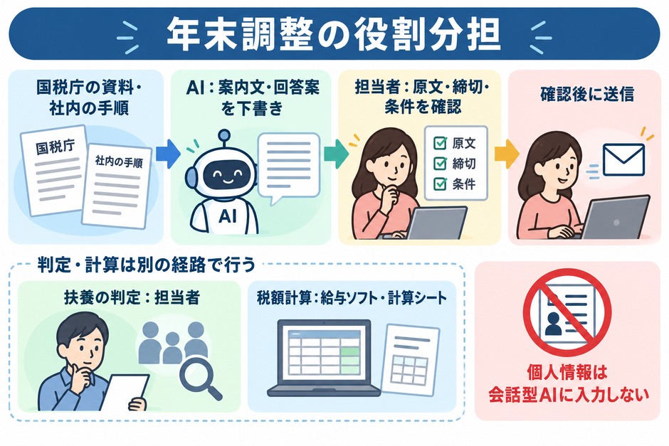 国税庁の資料からAIが案内文と回答案を下書きし、担当者が確認して送信する流れと、扶養判定・税額計算を別に行う役割分担を示しています。