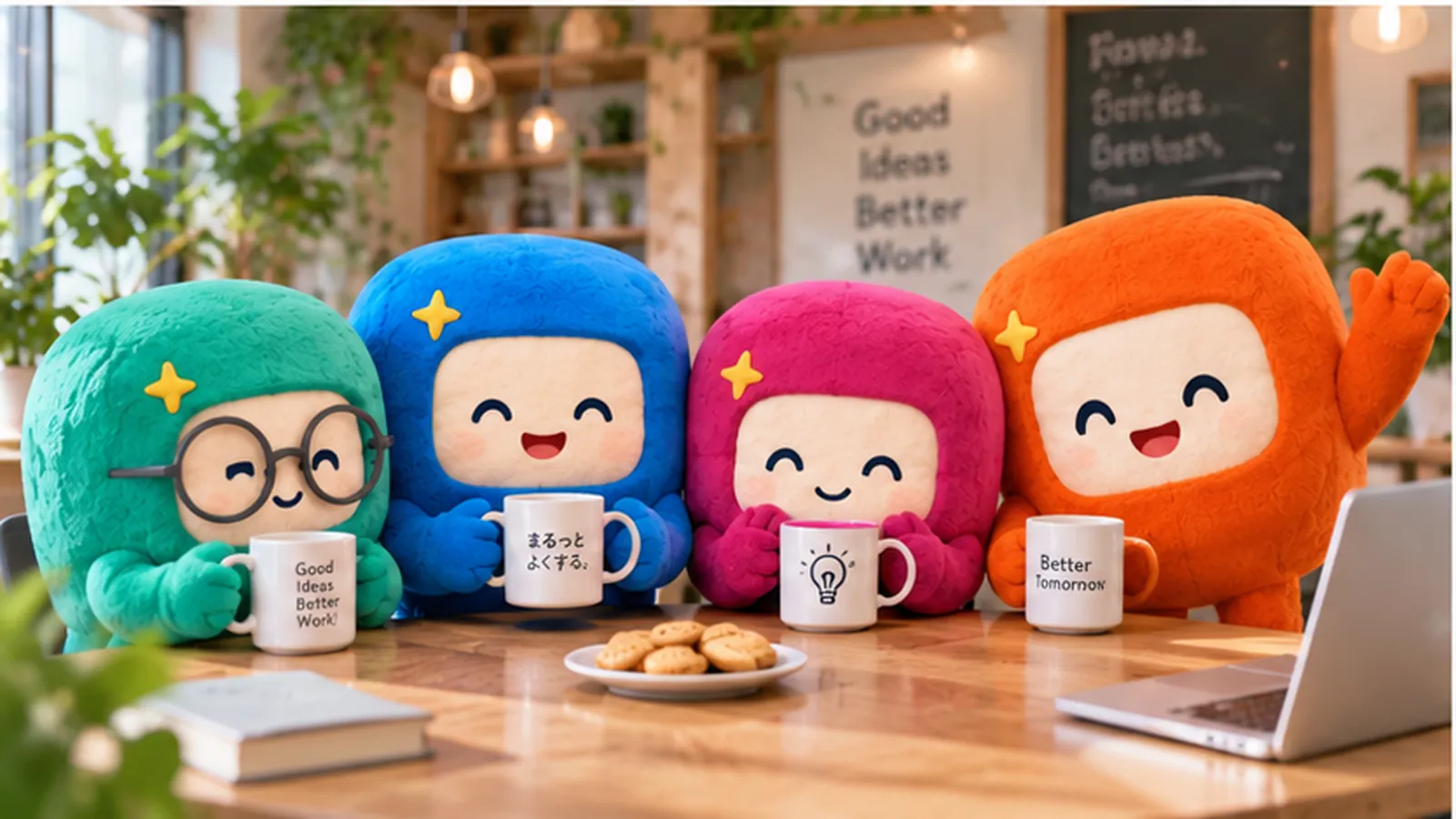 まるっとAIのキャラクターがコーヒーを飲みながら話す様子