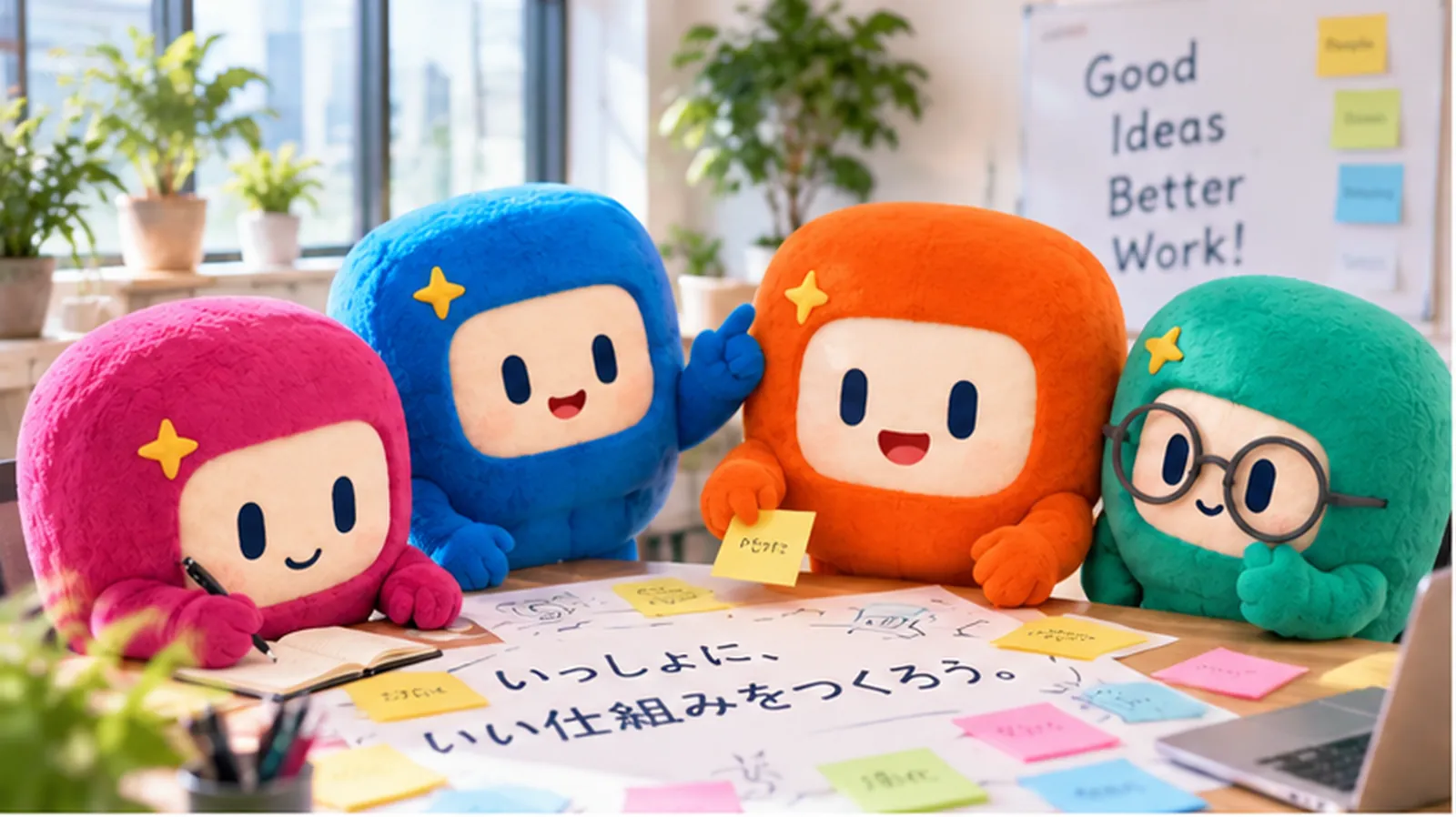 まるっとAIのキャラクターが一緒に仕組みづくりをする様子