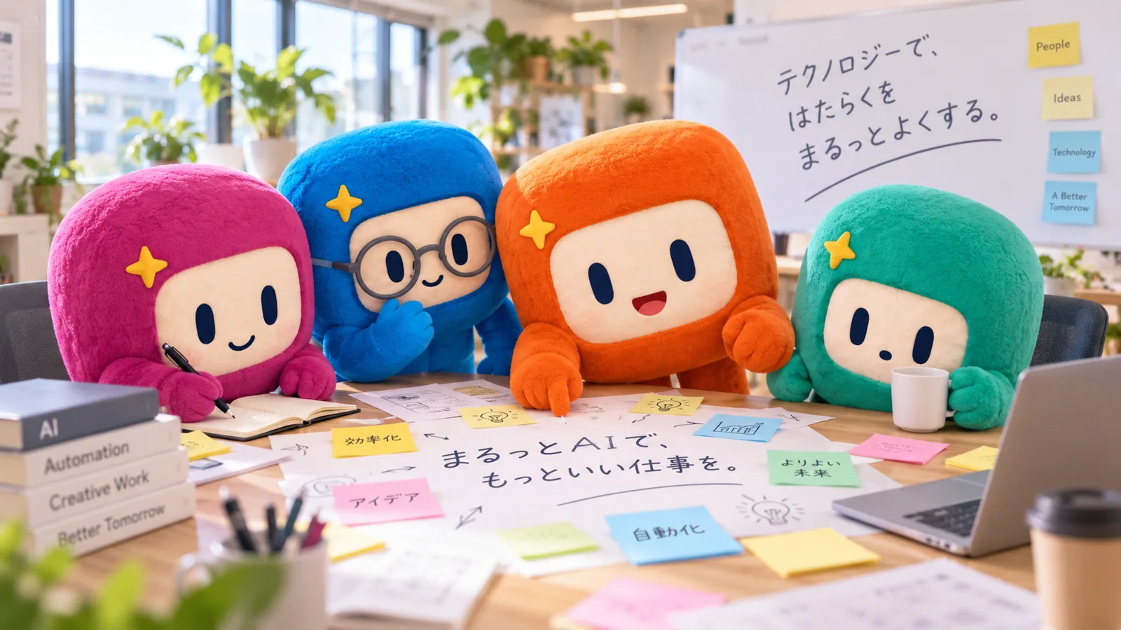 まるっとAIのキャラクターたちがオフィスで働く様子